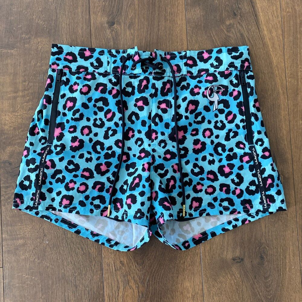 Tucann Swim Trunks Mens Medium Teal and Pink Leopard Board Shorts Lined Beach